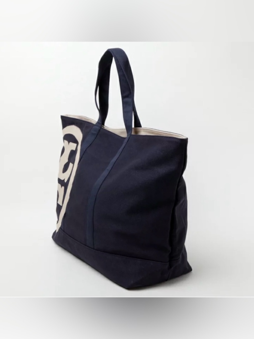 Tory Burch Navy Canvas Tote with White Logo Accent beach tote bag 21X15X7 - Picture 2 of 10